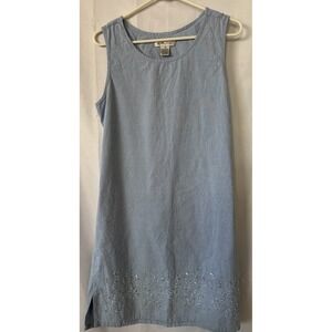 VTG Sleeveless Embroidered Floral Beaded Denim Dress Tie Back 100 Rayon Sz M